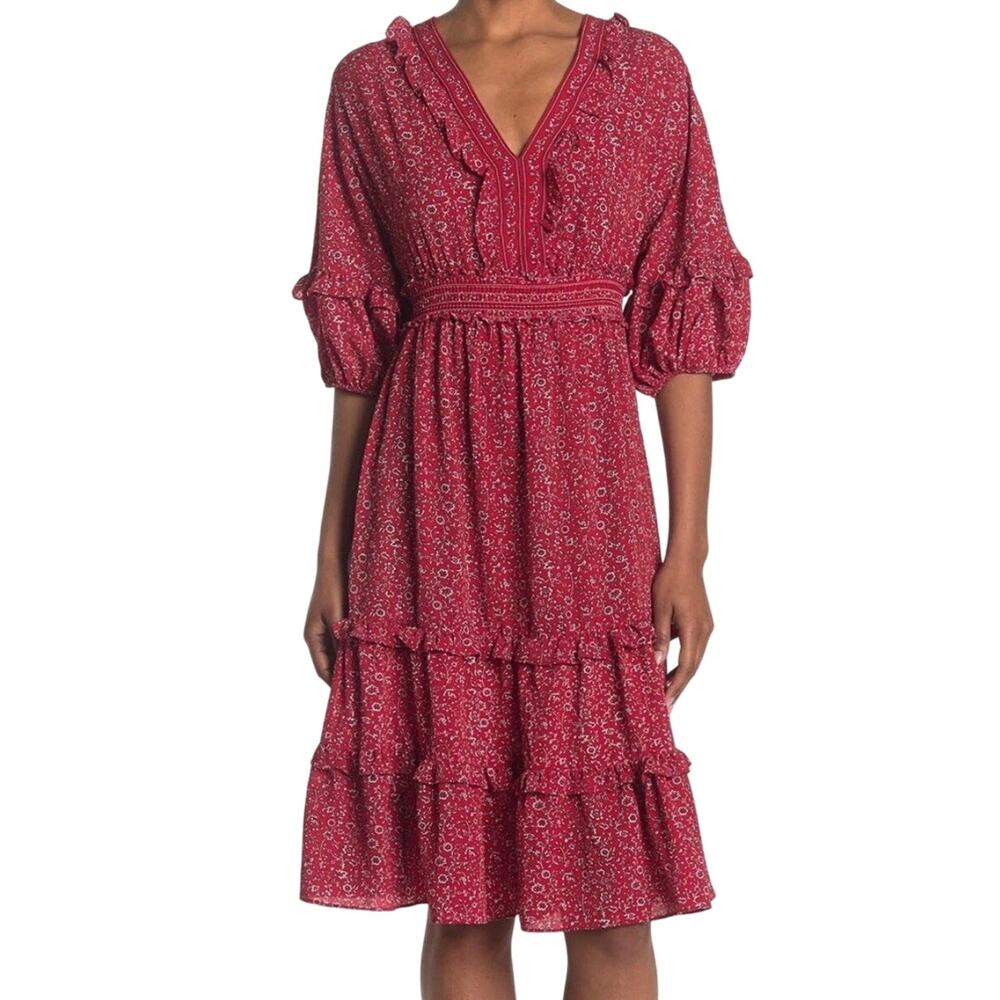 Max Studio Red Floral V-Neck Puff Sleeve Smocked Waist Midi Dress Size L